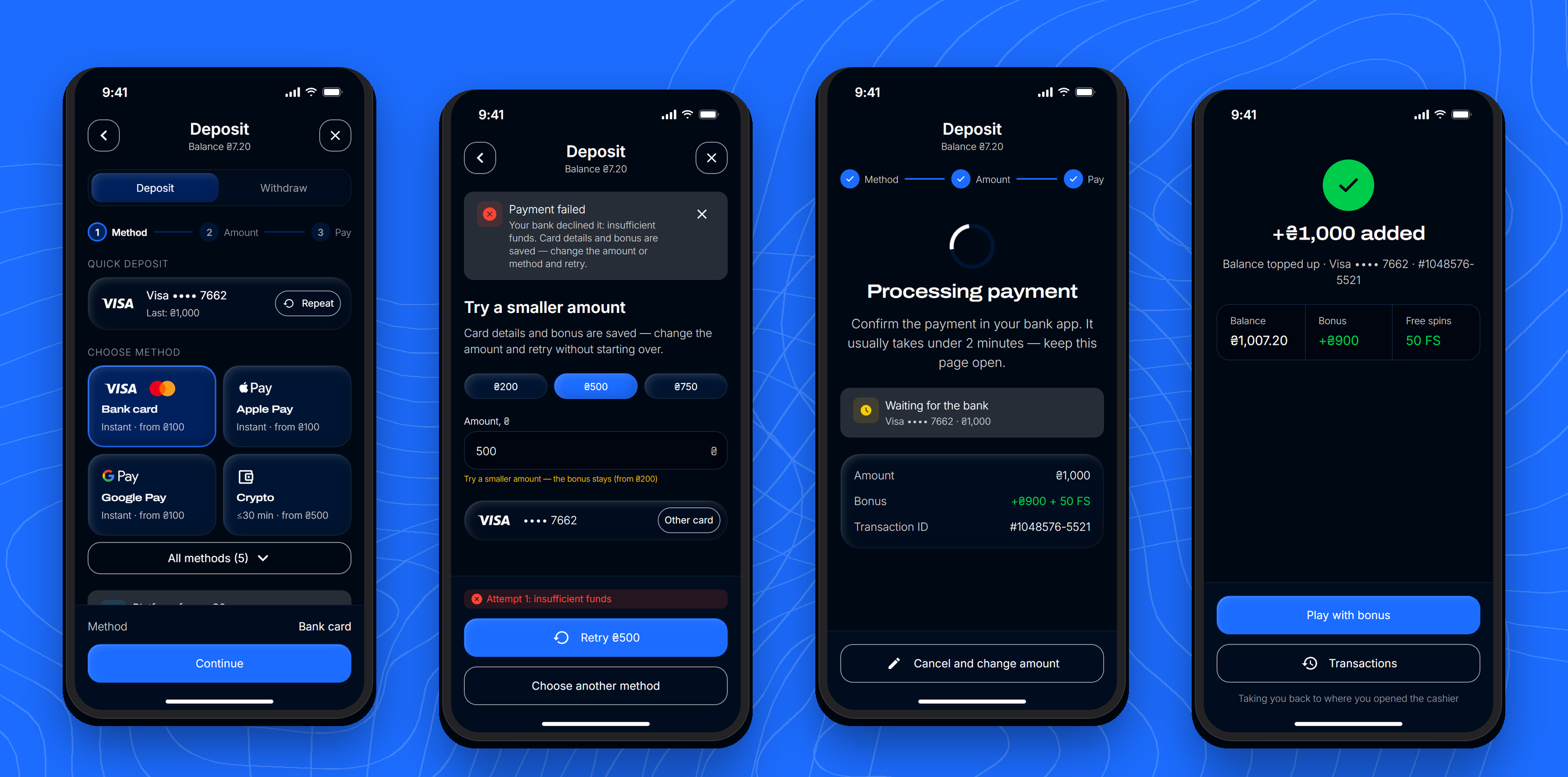 Mobile cashbox: method, failed payment, processing and success